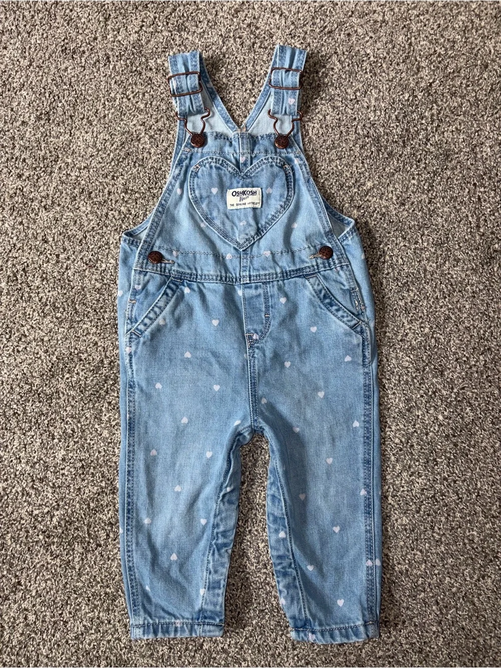 OshKosh B'gosh Light Blue Denim Overalls with Heart Pocket 12M Baby Jeans